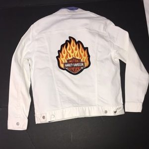 Jeans Jacket with Harley Davidson Patch White Denim Coat